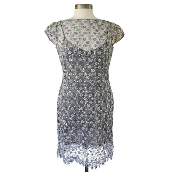 Kay Unger Illusion Metaillc Silver Starburst Lace Short Sleeve Sheath Dress - Picture 1 of 9